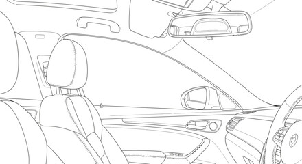 Car interior line art showcasing seats dashboard and steering wheel design view