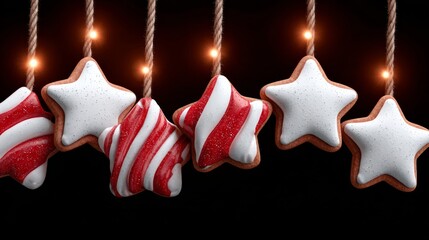 Colorful gingerbread cookies shaped like stars and stripes, hanging on twine with warm lights, creating a festive atmosphere for holiday celebrations and seasonal decorations