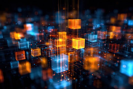 Abstract Glowing Cubes Arrangement on Dark Background with Orange and Blue Colors