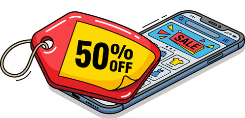 Vector illustration of a smartphone with a large discount percentage tag