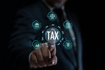 Businessman interacting with digital tax interface. Tax and Vat concept. Government, state taxes concept. concept of accounting technology. Data analysis, financial research.
