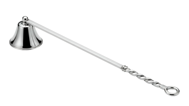 Polished silver candle snuffer, bell-shaped head, long twisted handle, ring end