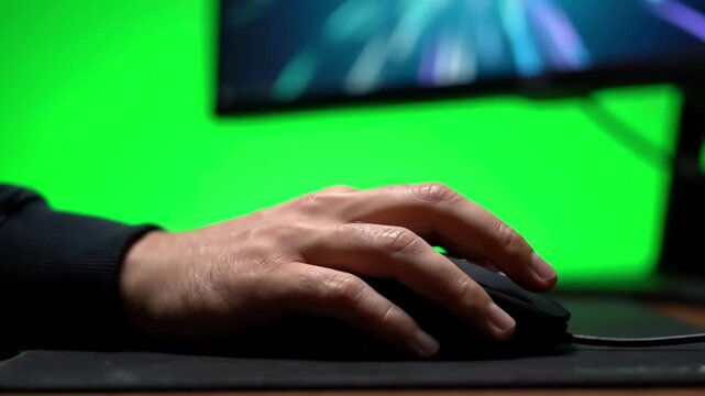 Green Screen office guy using chromakey computer closeup worker hand holding mouse device scene 4 with distortion, overlay, glitch, static noise, scan lines on black background, 4k animated video loop