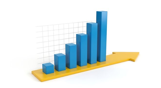 Blue bar graph on yellow arrow showing upward trend and growth