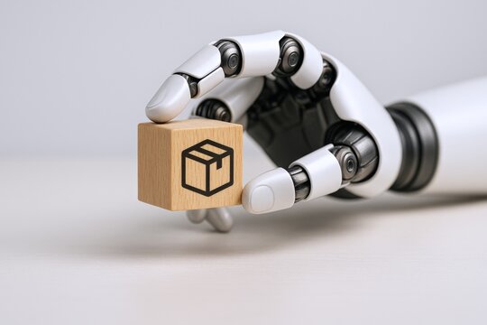 Robot Hand Holding Wooden Block with Box Icon: Automation, Delivery, and Artificial Intelligence - Powered by Adobe