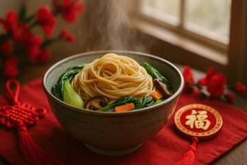 A steaming bowl of longevity noodles with vegetables served on a red festive cloth. Represents long life, good fortune and traditional Lunar New Year symbolism