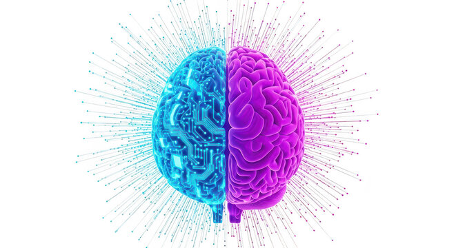 Human brain in two colors isolated on transparent background, artificial intelligence