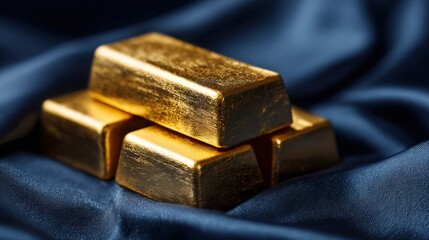 Gold bars stacked on blue silk, showcasing wealth, finance, investment, and luxury commodities