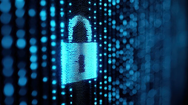Digital Security Padlock Abstract Illustration with Glowing Blue Light on Dark Background