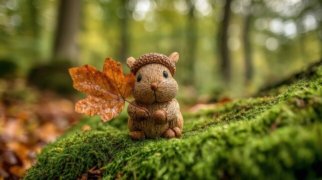 Adorable Woodland Creature Figurine Holding Autumn Leaf on Mossy Ground in a Forest Setting
