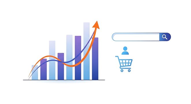 E commerce growth chart with shopping cart and search bar illustration