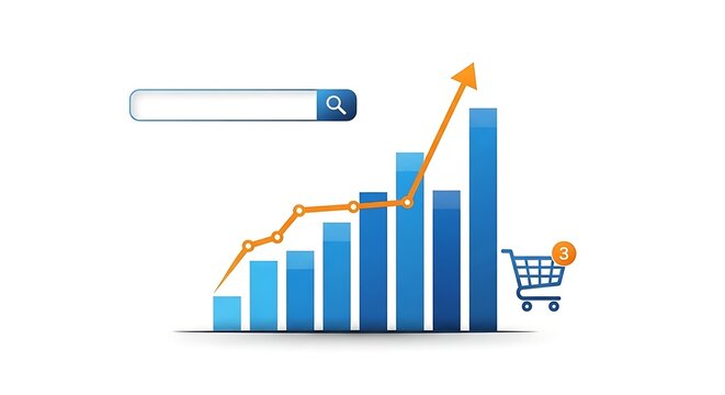E commerce growth chart with shopping cart and search bar illustration