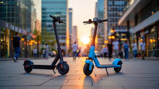 Low angle shot of black and blue electric scooters parked on a paved pedestrian street in a modern city during golden hour sunset with blurred background
