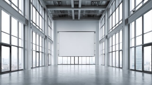 Bright Modern Empty Office Space with Large Windows and Polished Concrete Floor for Lease or Customization