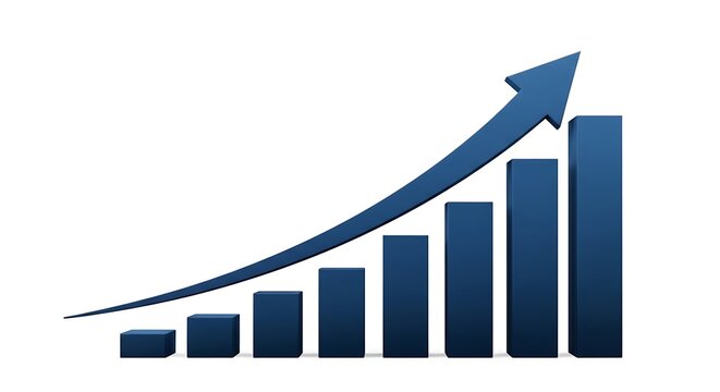 Blue bar graph with upward arrow showing growth and success