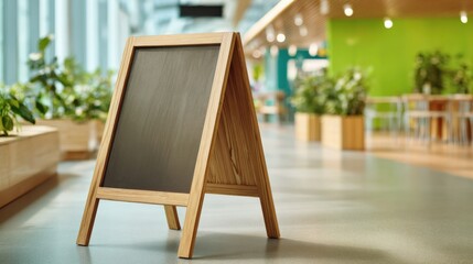 Blank Sandwich Board Sign in Modern Cafe or Restaurant Setting for Customizable Messaging