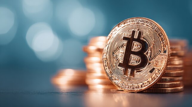 Digital cryptocurrency financial concept featuring gold coins, blockchain technology, and decentralized virtual currency investment