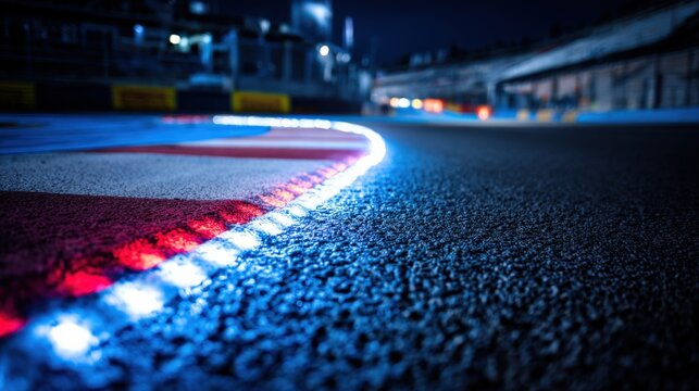 Close-up of a racetrack at night with vibrant LED lighting showcasing the asphalt texture