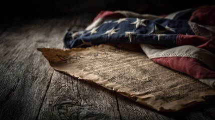 Declaration of independence on wooden surface alongside flag symbolizing freedom and liberty in the United States