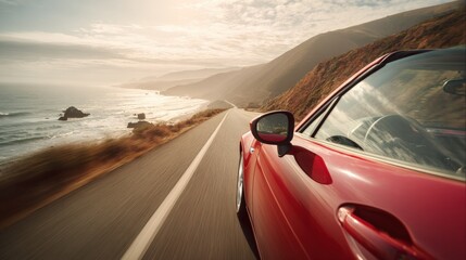 Red Convertible Road Trip Along Scenic Coastal Highway with Ocean View on a Sunny Day