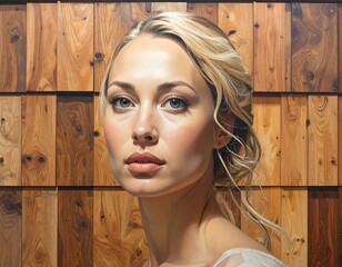 Elegant woman with blonde hair portrait against a wooden textured background