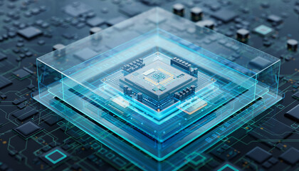 Technological Advancement: A close-up perspective of a cutting-edge processor encased in a translucent glass, showcasing the intricate details of modern technology and data processing. 