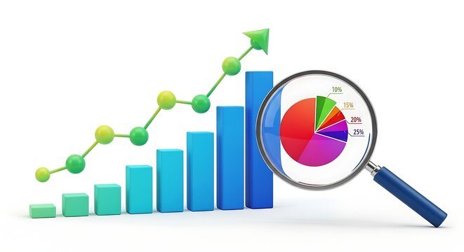 Business growth chart with magnifying glass analyzing pie chart data