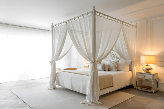 Luxury Bedroom Aesthetic Featuring an Elegant White Canopy Bed