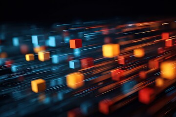 Abstract Geometric Cubes in Orange and Blue with Streaks on Black Background