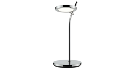 Modern, chrome desk lamp with round base, flexible neck, and circular light emitting head