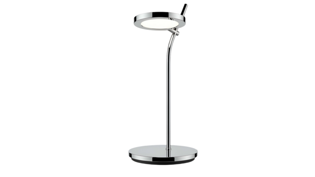 Modern, chrome desk lamp with round base, flexible neck, and circular light emitting head