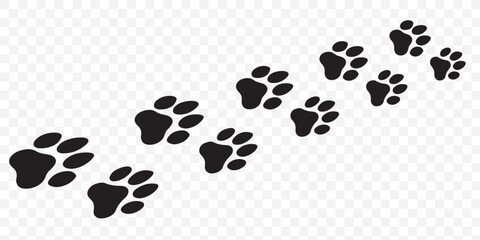 Seamless vector pattern of diverse animal paw prints, including dog, cat, and bear footprints, in a black silhouette design