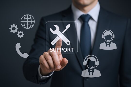Professional Businessman Touching Virtual Support Button with Icons for Global Assistance and Customer Service