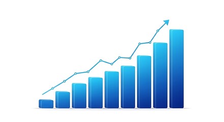 Blue bar graph with line chart showing growth and positive trends