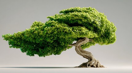 Unique Bonsai Tree with Curved Trunk and Dense Green Foliage on Neutral Background