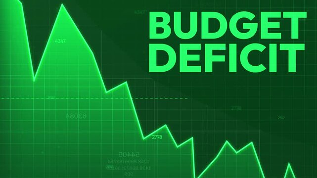 Budget Deficit green graph going down 4k animation with glowing line and typography on the top 