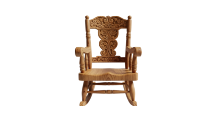 Ornate wooden rocking chair, intricately carved, centered on black background