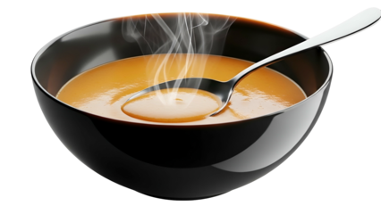 Close-up of steaming orange soup in a black bowl with spoon. Warm, inviting, and appetizing