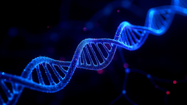 Blue DNA Helix Structure: 3D Rendering of Genetic Code, Science, Biology, Biotechnology, Medical Research, and Futuristic Technology
