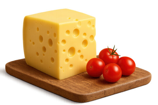 Emmental cheese block with cherry tomatoes on a wooden cutting board, isolated on transparent background