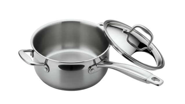 Stainless steel saucepan with lid slightly ajar, set against a dark background