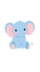 Fototapeta premium Cute blue baby elephant sitting illustration with big pink ears.
