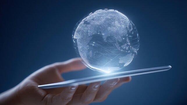Global Network Connection: Hand Holding Digital Tablet with Holographic Earth Projection for Worldwide Communication