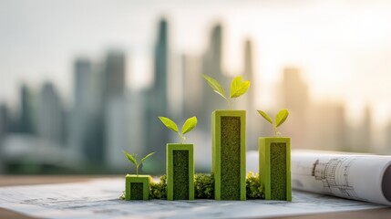Sustainable Growth Concept: Green Seedlings on Bar Graph with Cityscape, Representing Environmental and Economic Progress