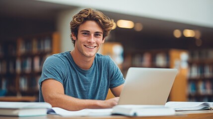 Smiling Young Male Student Studying with Laptop in Library, Achieving Academic Success and Future Goals