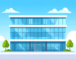A modern glass office building with clean lines and reflective windows under a bright blue sky, creating a sleek and contemporary corporate atmosphere.