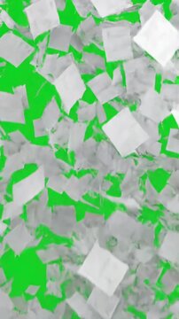 Business Stress Metaphor with drowned in paperwork too much work filled white pages falling from top at the camera on black and green screen background distortion, overlay, glitch, static noise, scan