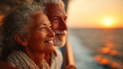 Happy Senior Couple Smiling While Watching a Warm Sunset by the Sea
