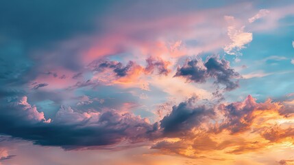 Obraz premium Dramatic Colorful Sky at Sunset with Pink and Orange Clouds and Azure Blue Patches, Beautiful Cloudscape at Dusk, Atmospheric Weather Phenomenon