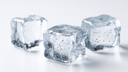 Obraz premium Three Ice Cubes on a White Background, Clear and Refreshing for Beverage or Cooling Concepts